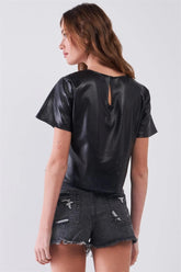 Black Vegan Leather Round Neck Wide Sleeve Cropped Top with Laser Cut Detail